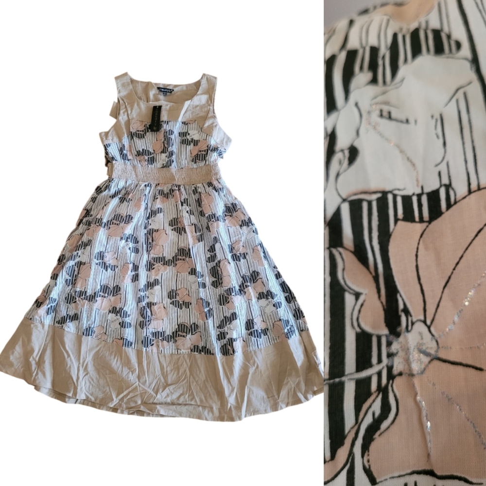 Chaudry KC Floral Beige White Black Smocked Waist Metallic Accent Midi Dress NWT